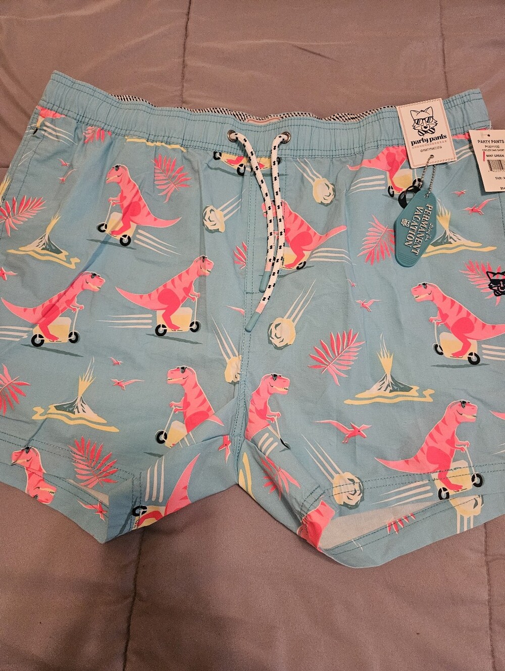 Party Pants Men’s Light Blue Dino Print Swim Trunks
